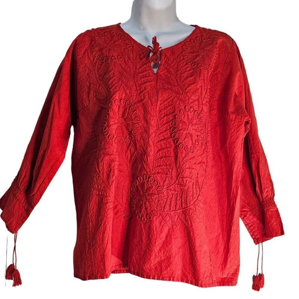 Vintage 70s Top Blouse Womens Size L Red Boho Ties Tassels